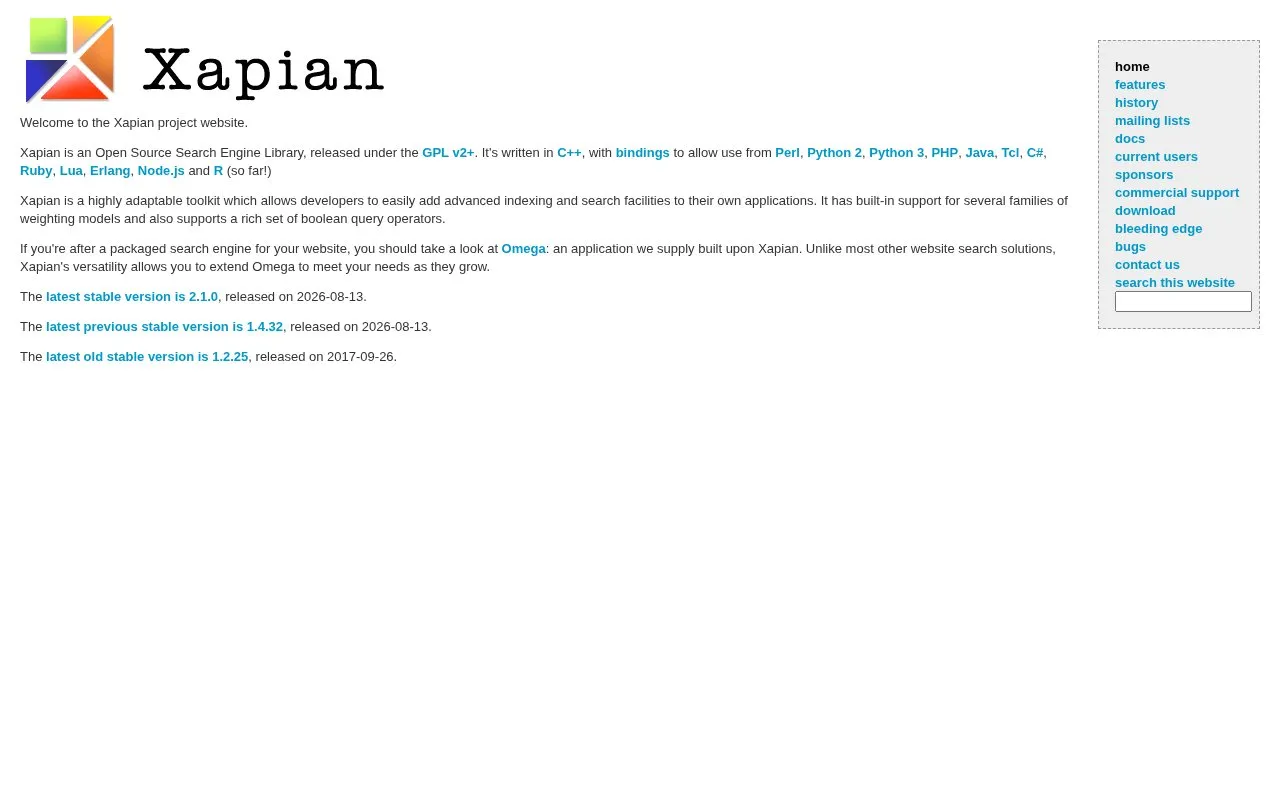 Xapian homepage screenshot