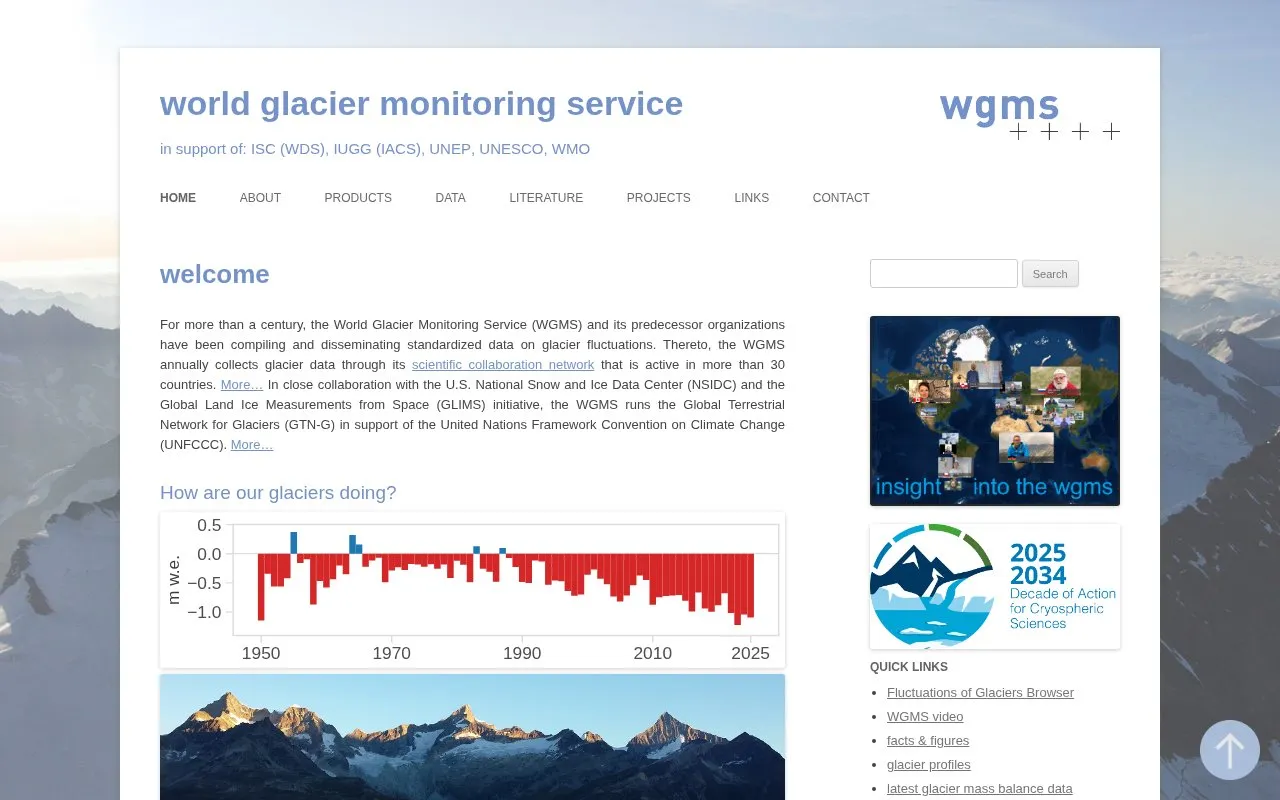 World Glacier Monitoring Service homepage screenshot