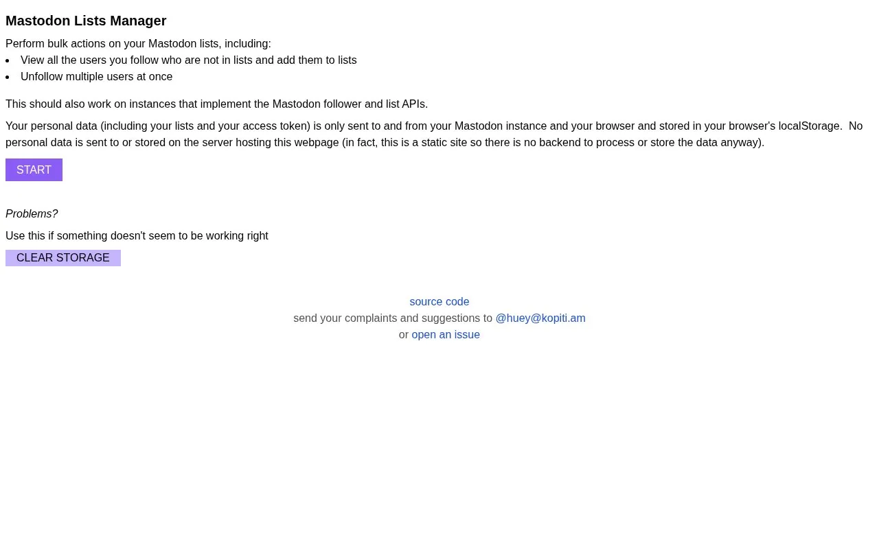 Mastodon Lists Manager homepage screenshot