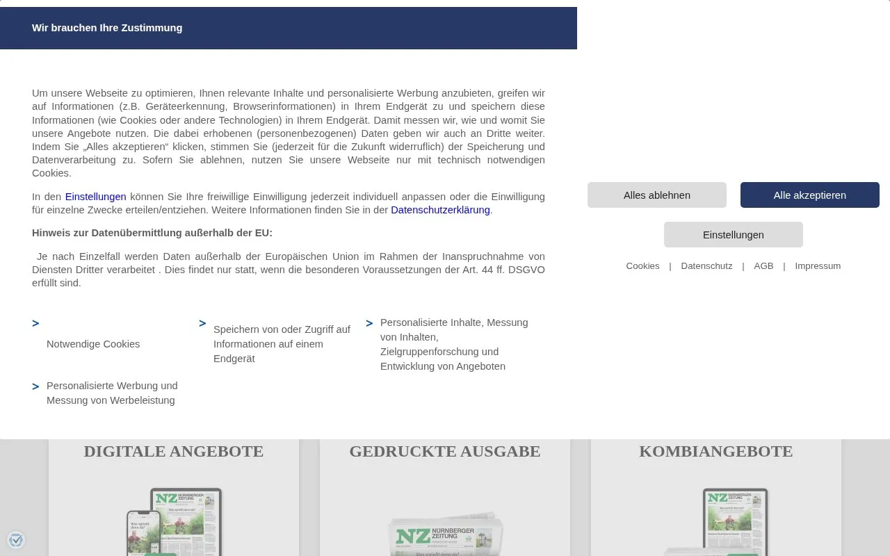 Nürnberger Zeitung homepage screenshot