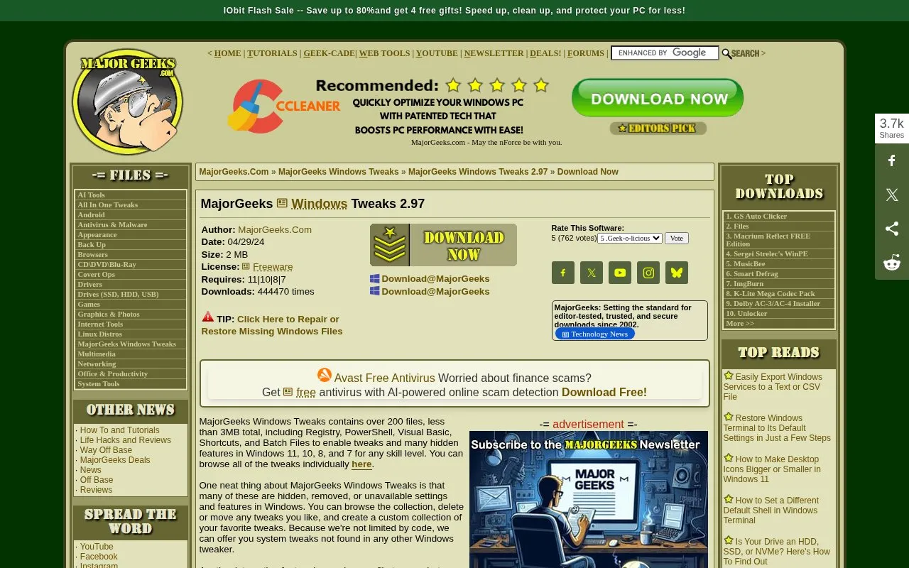MajorGeeks Windows Tweaks homepage screenshot