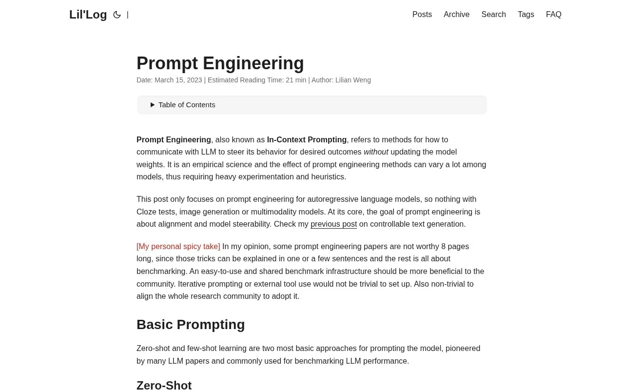 Prompt Engineering Lil'Log homepage screenshot