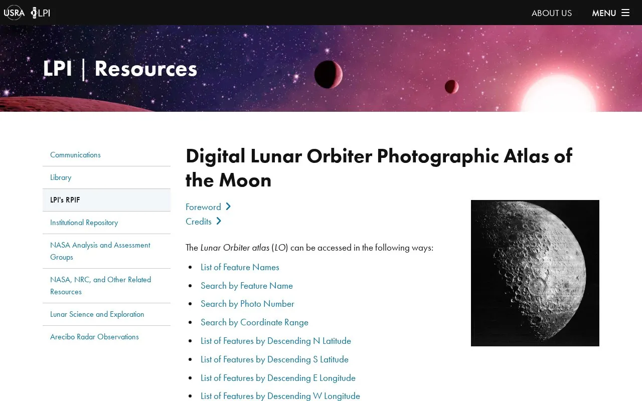 Digital Lunar Orbiter Photographic Atlas of the Moon homepage screenshot