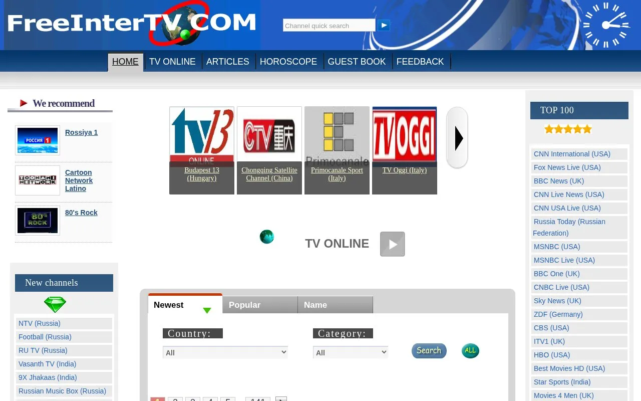 FreeInterTV homepage screenshot