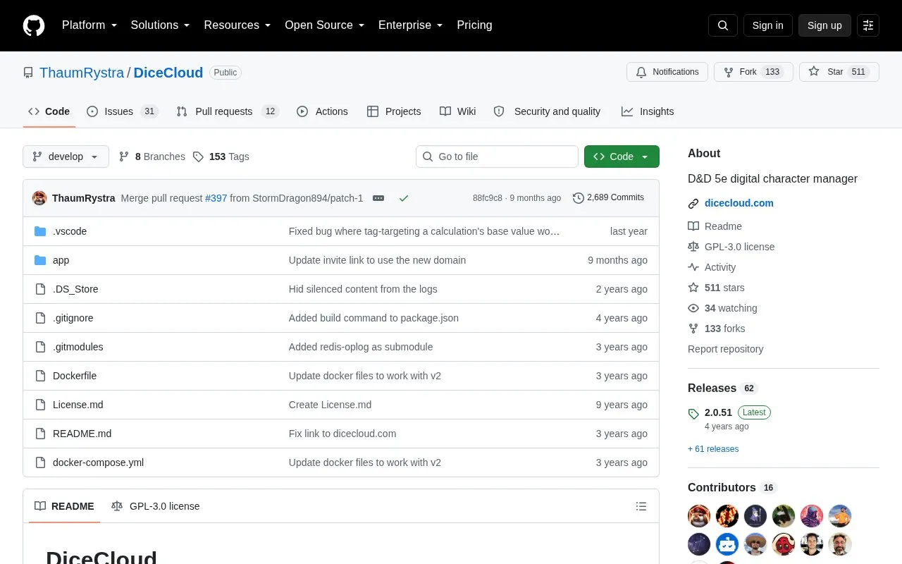 Dice Cloud homepage screenshot