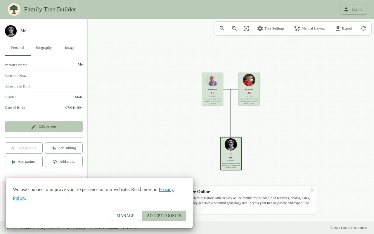 Family Tree Builder homepage screenshot