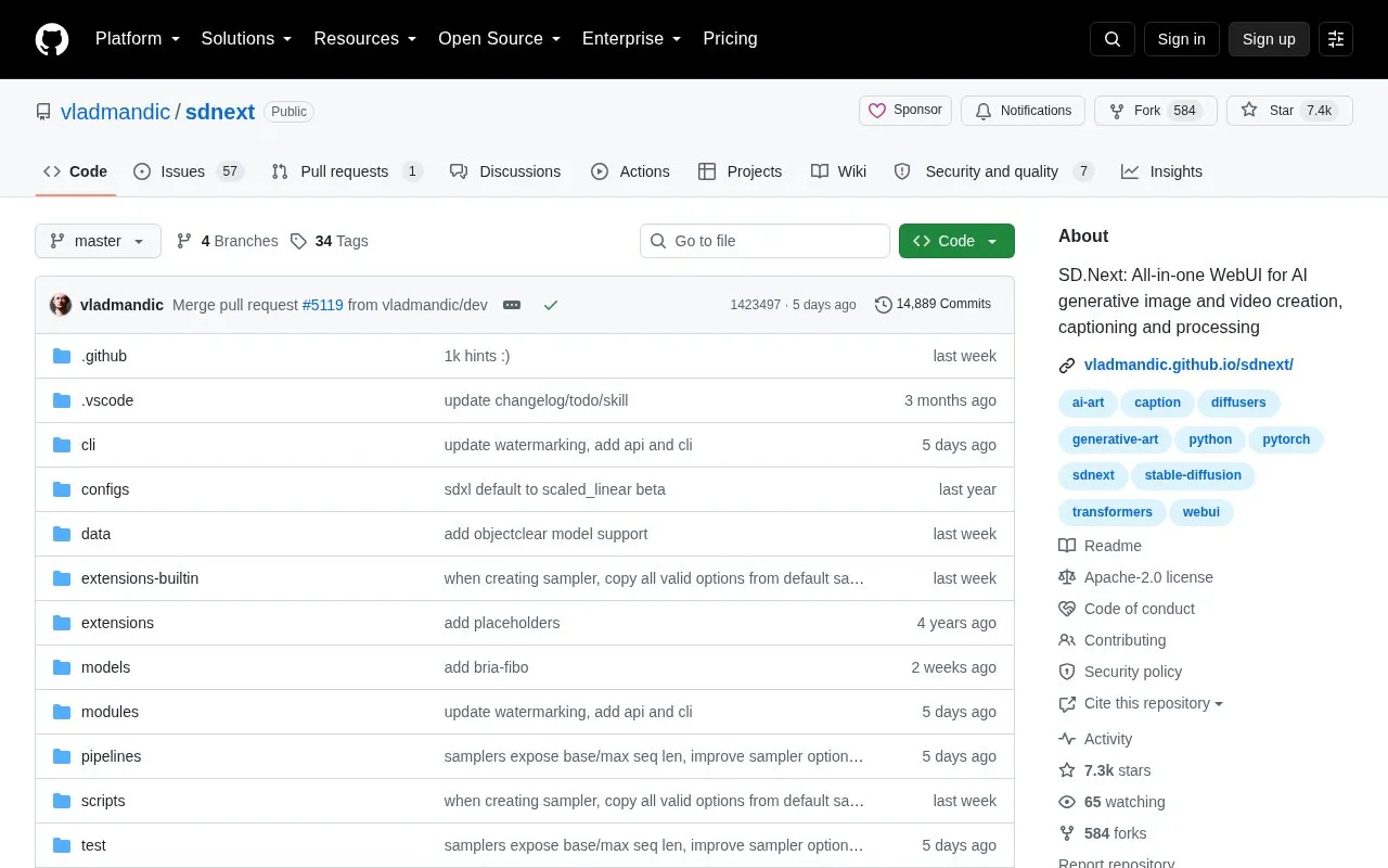 SDNext homepage screenshot