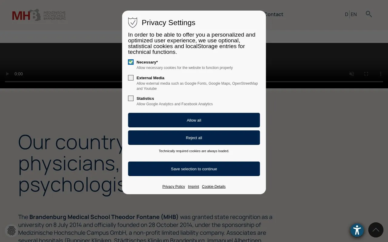 Medizinische Hochschule Brandenburg Theodor Fontane homepage screenshot