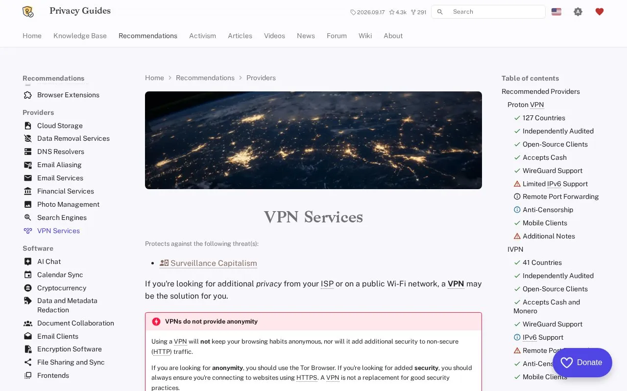 VPN Services homepage screenshot