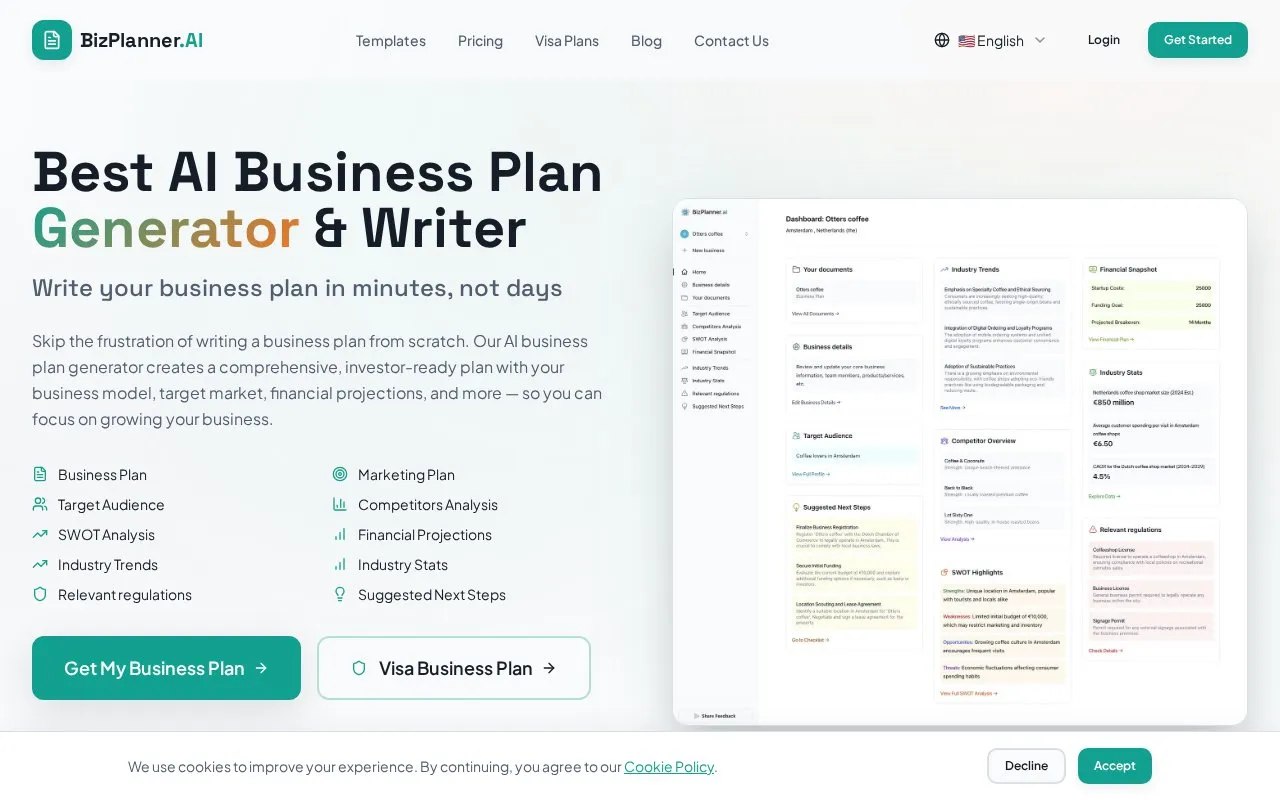 BizPlanner AI homepage screenshot