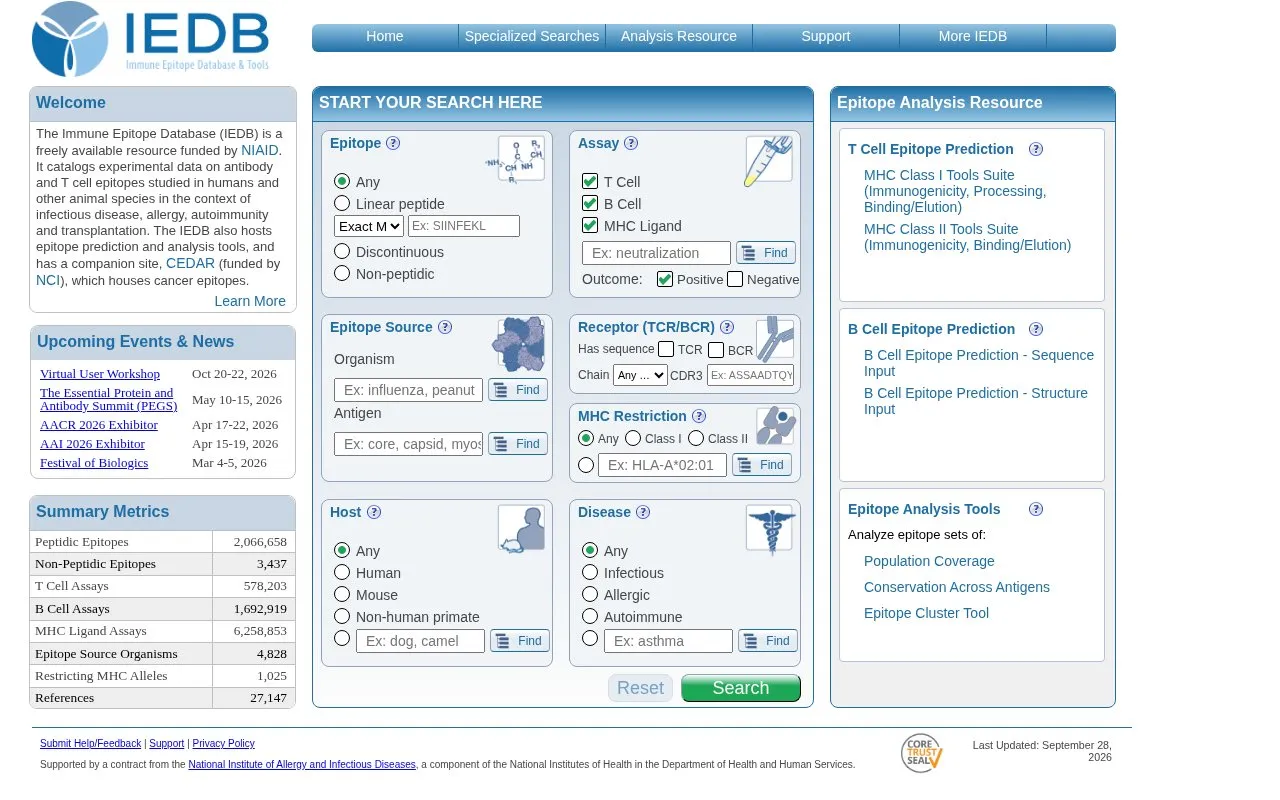 Immune Epitope Database homepage screenshot