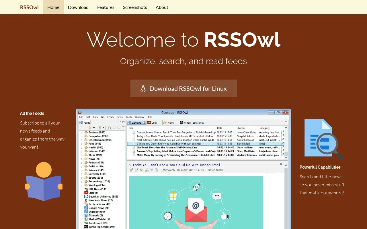 RSSOwl homepage screenshot