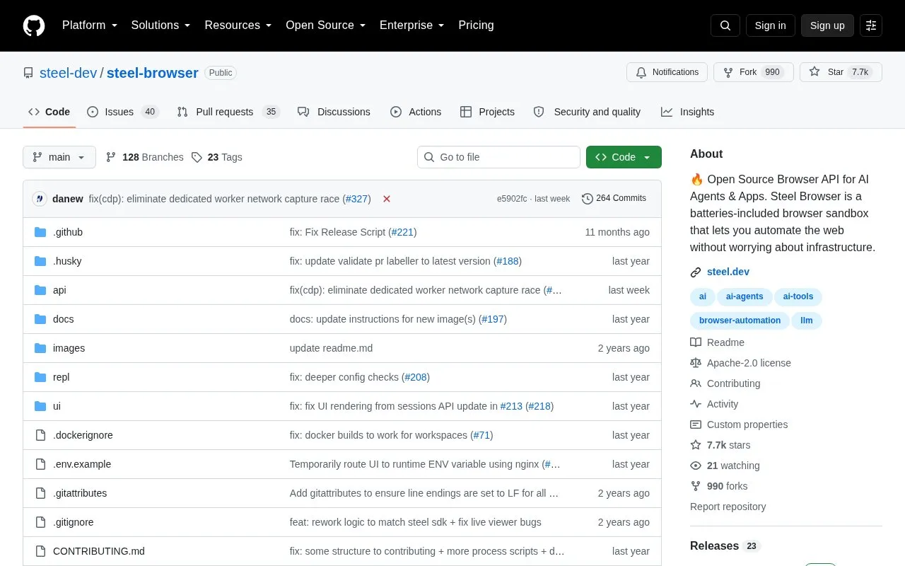 Steel Browser homepage screenshot