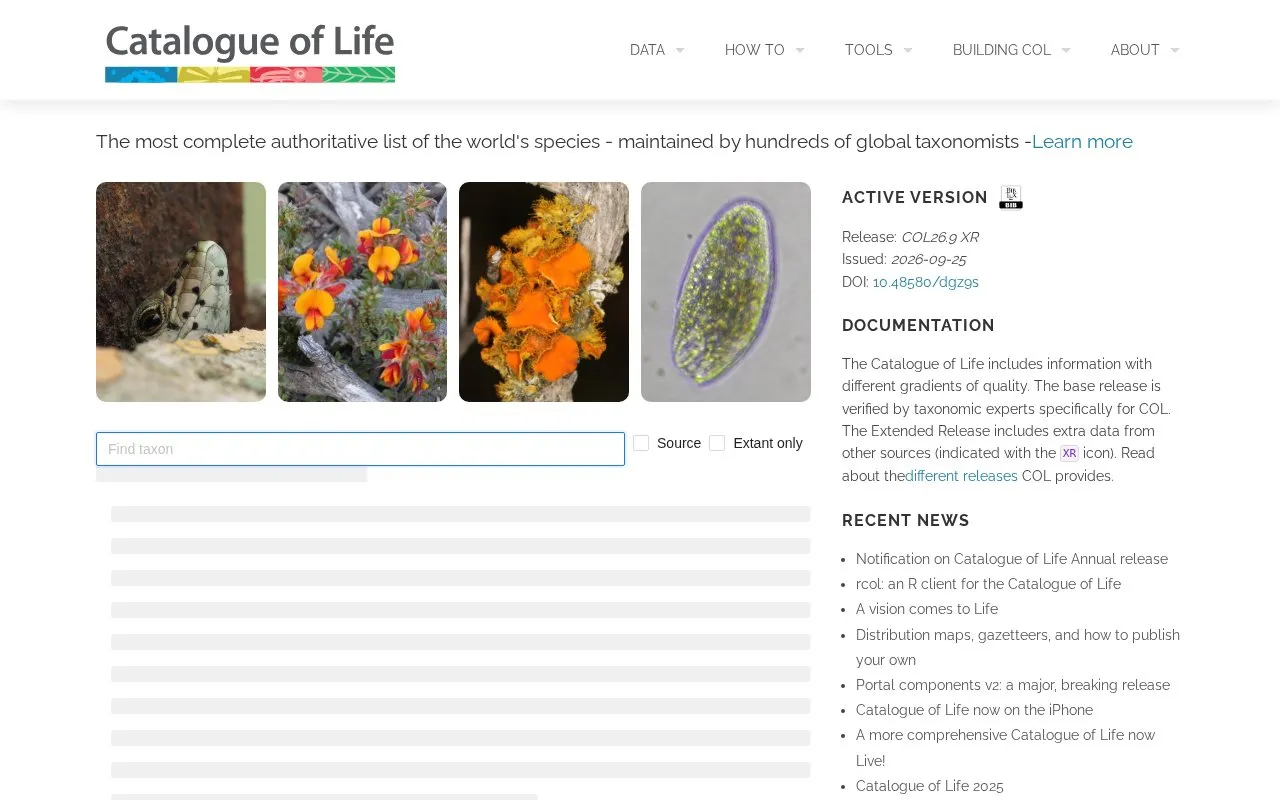 The Catalogue of Life homepage screenshot