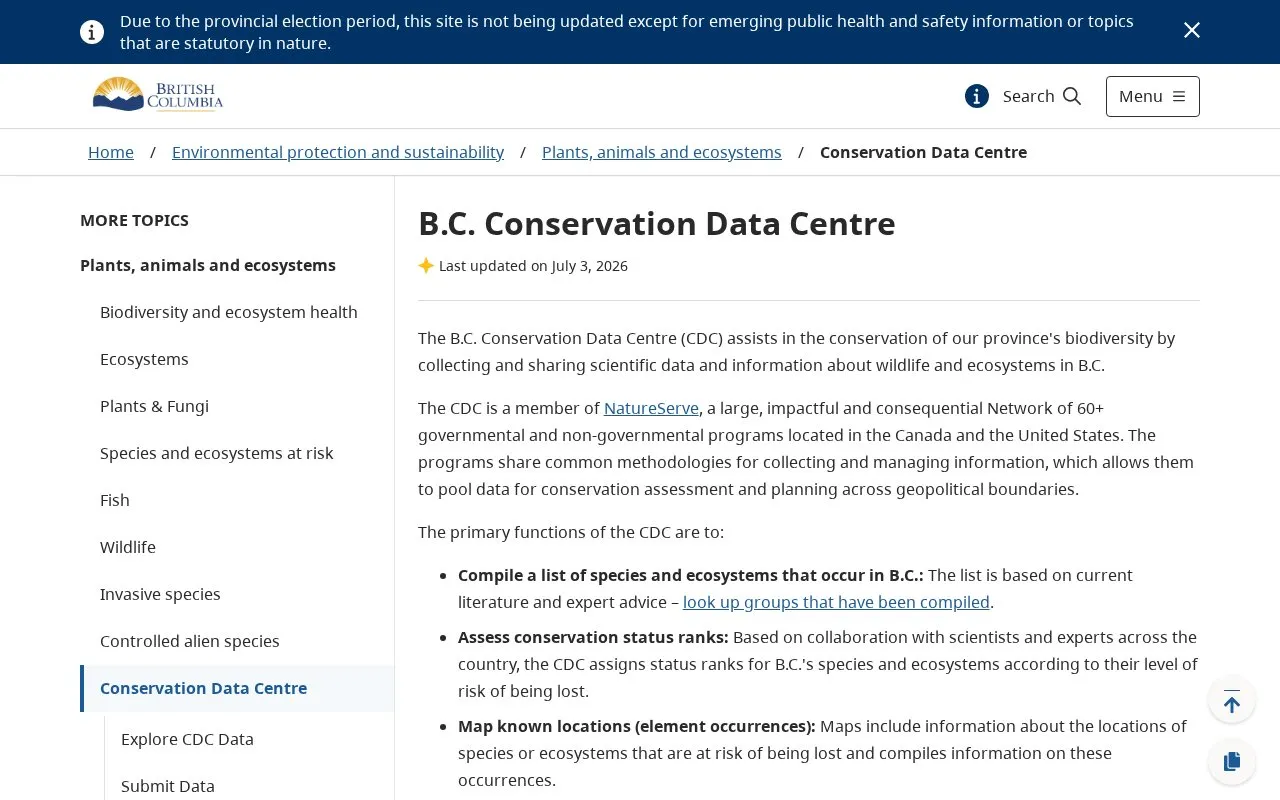 B.C. Conservation Data Centre homepage screenshot