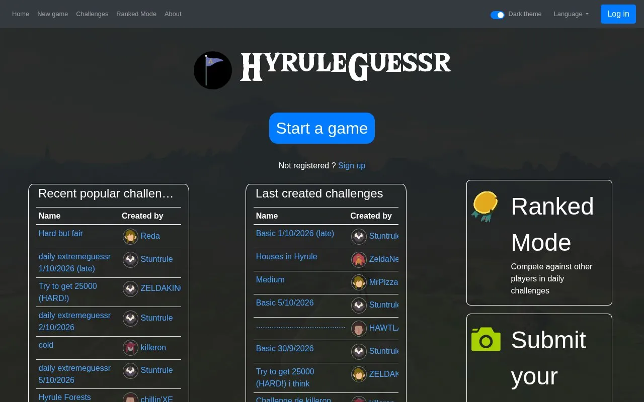 Hyrule GeoGuessr homepage screenshot