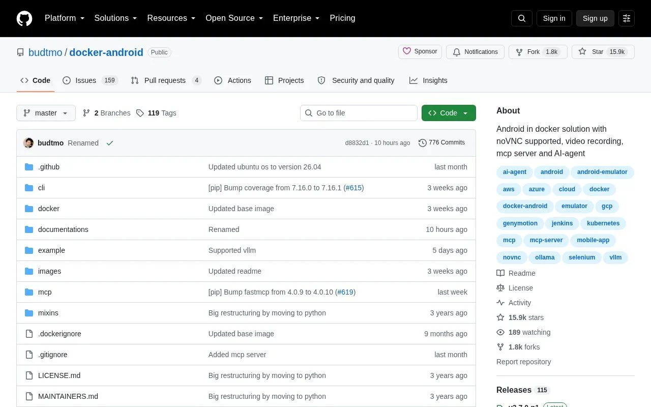 Docker Android homepage screenshot