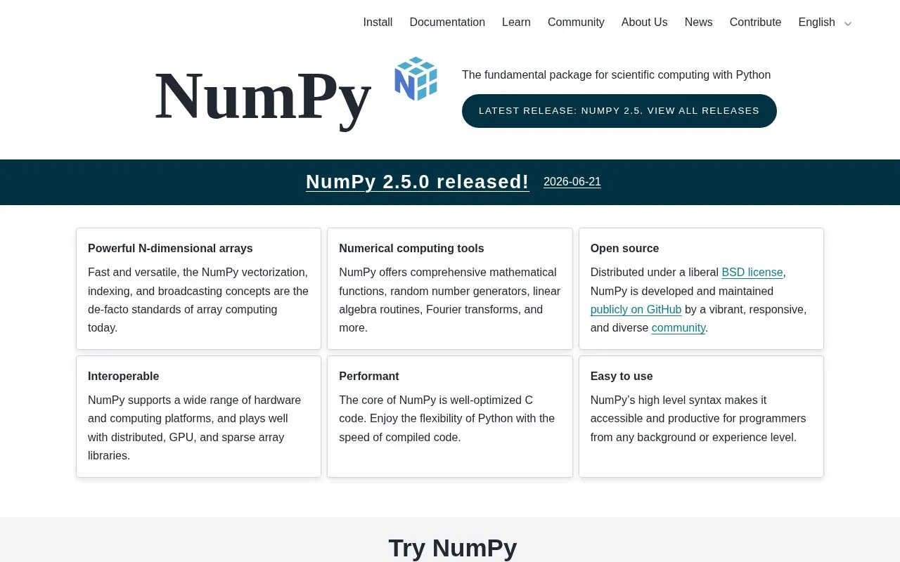 NumPy homepage screenshot