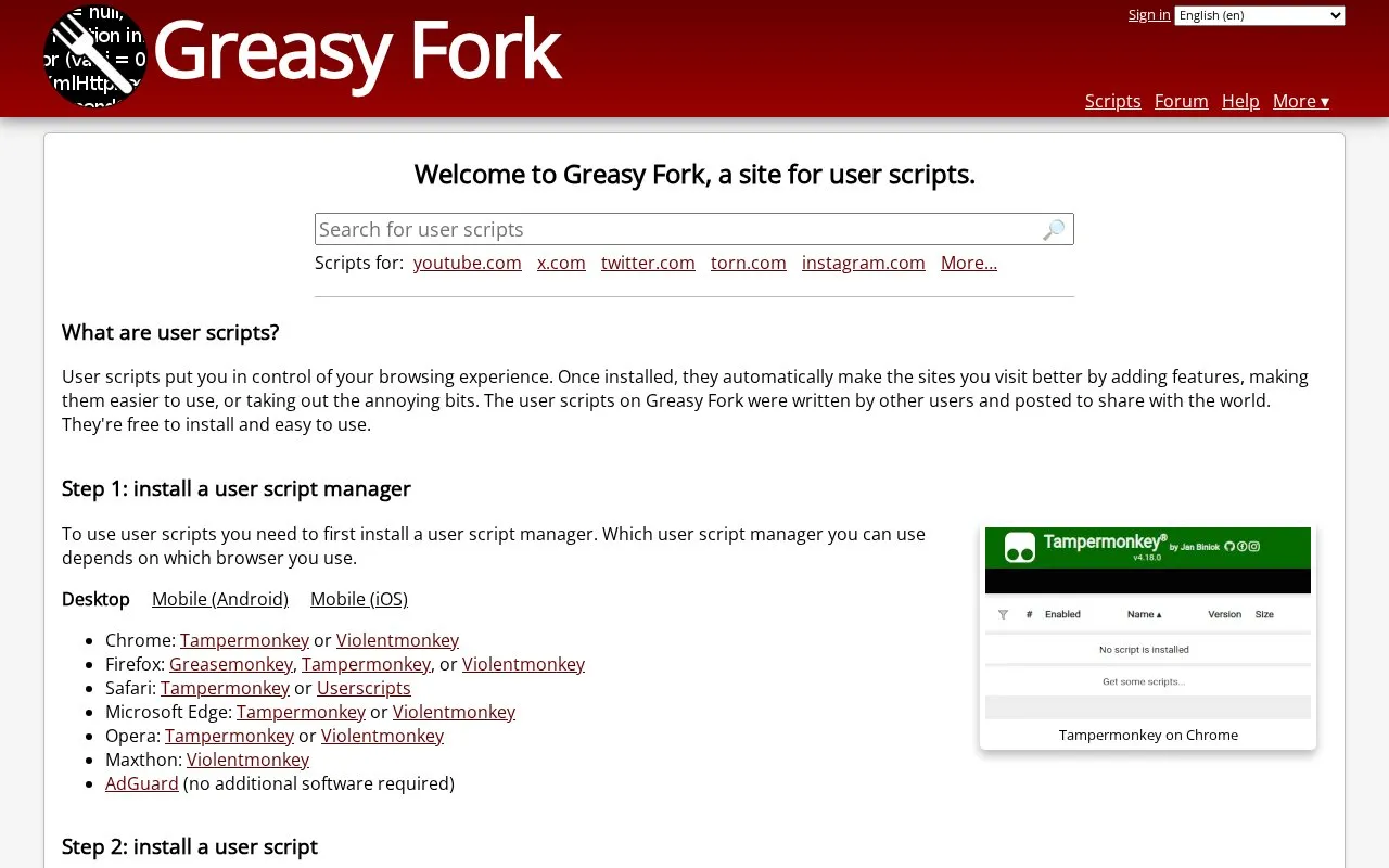 Greasy Fork homepage screenshot