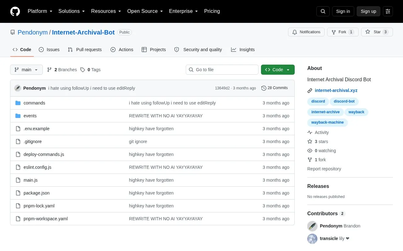 Internet Archival Bot homepage screenshot