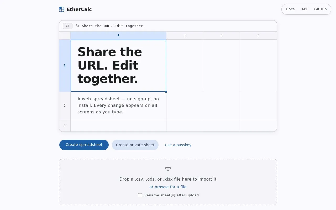EtherCalc homepage screenshot