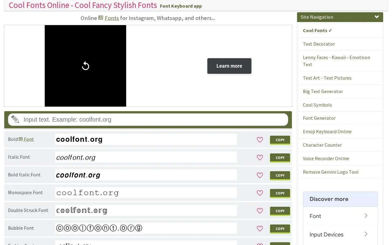 Cool Fonts Online homepage screenshot