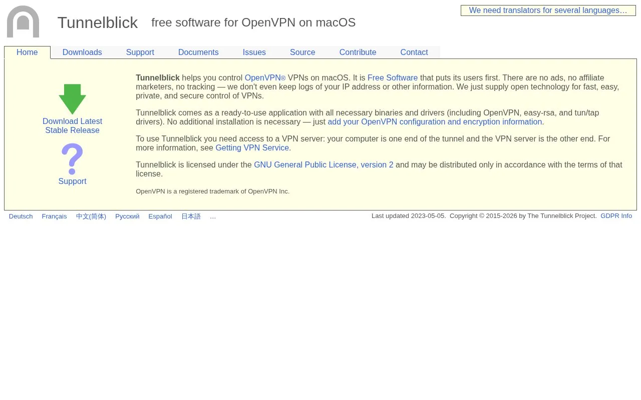 Tunnelblick homepage screenshot