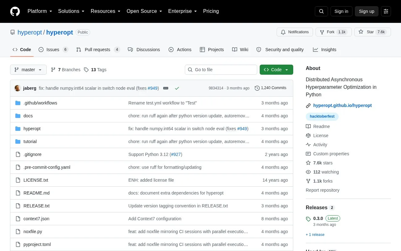 Hyperopt homepage screenshot