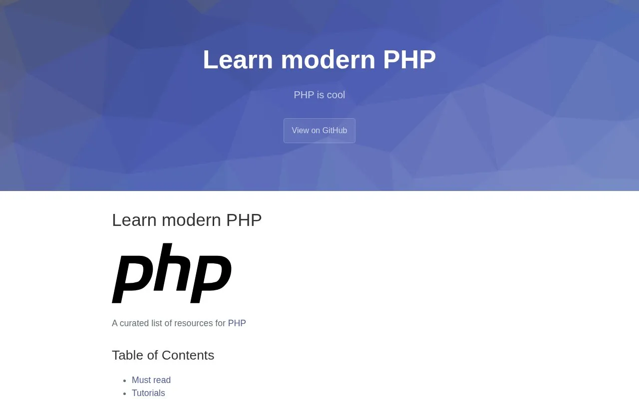 Learn PHP homepage screenshot