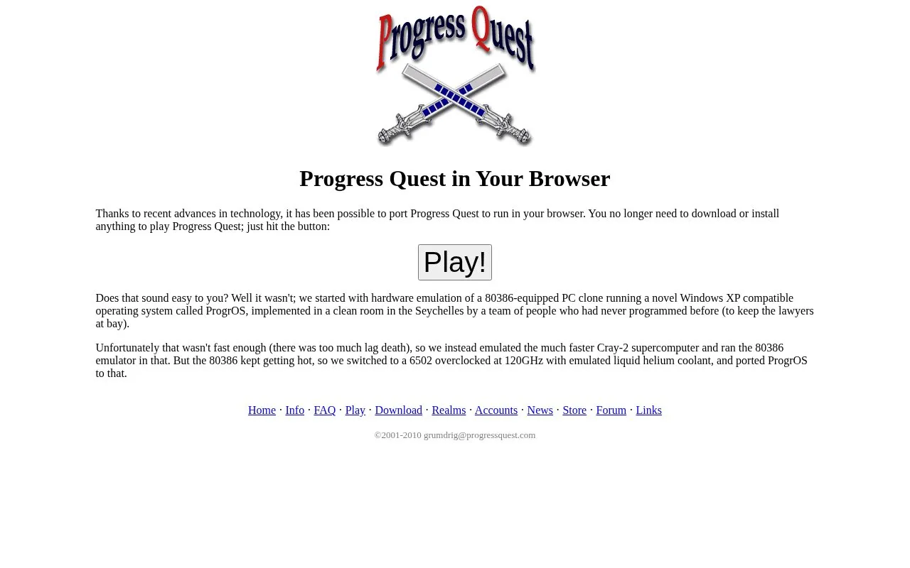Progress Quest homepage screenshot