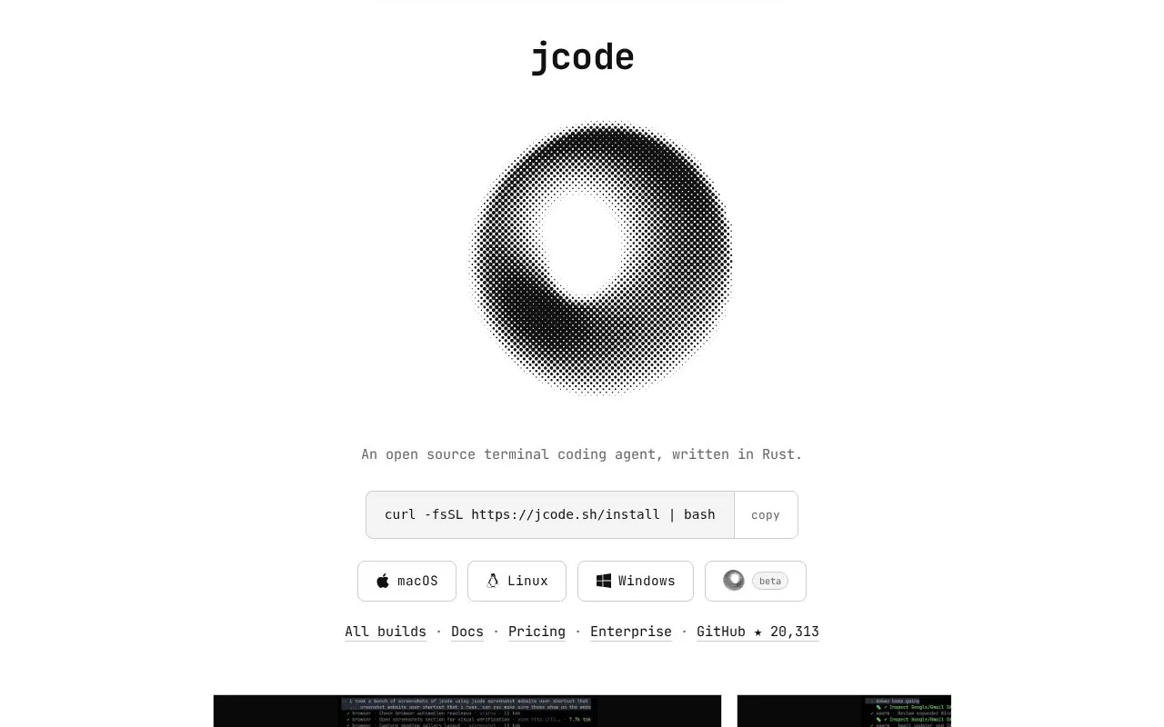 jcode homepage screenshot