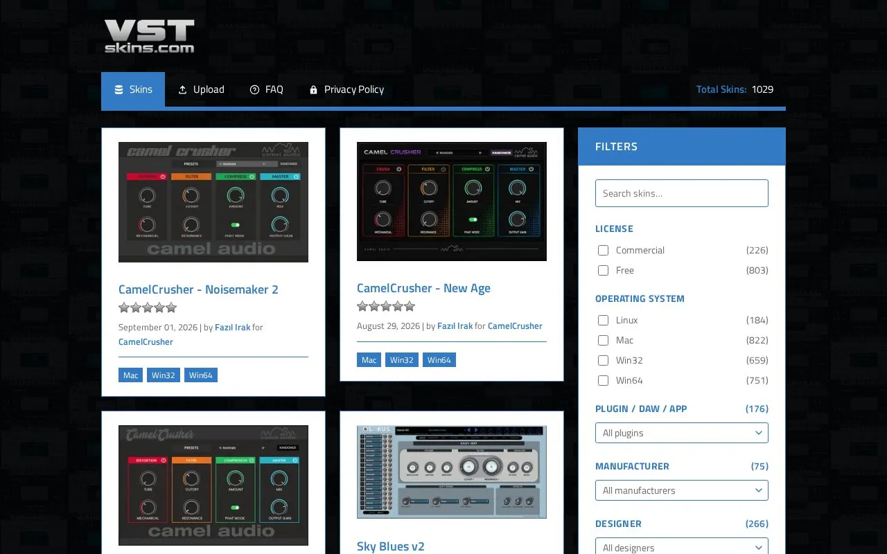 VSTSkins homepage screenshot