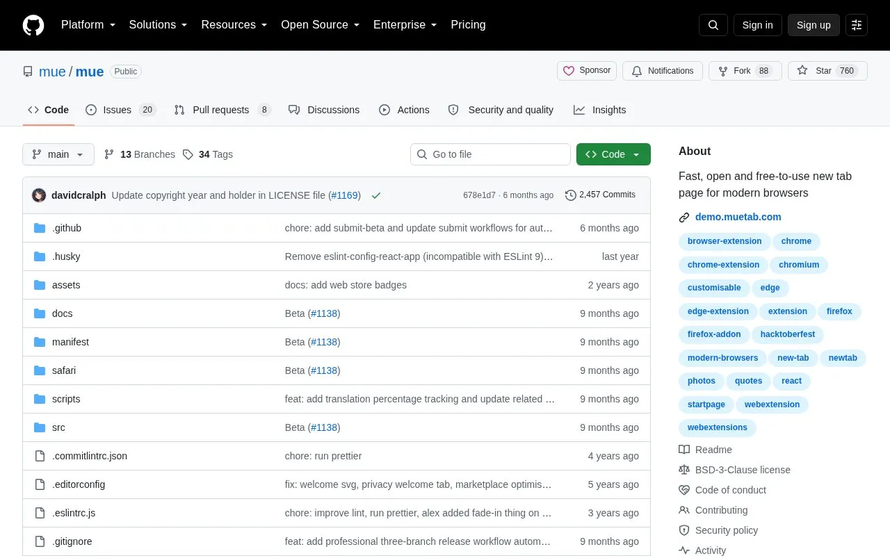 Mue homepage screenshot