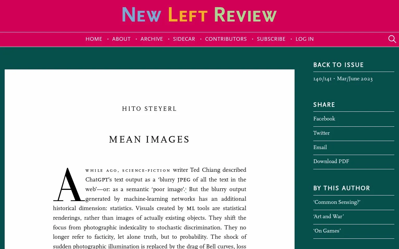 Hito Steyerl, Mean Images, NLR 140/141, March–June 2023 homepage screenshot