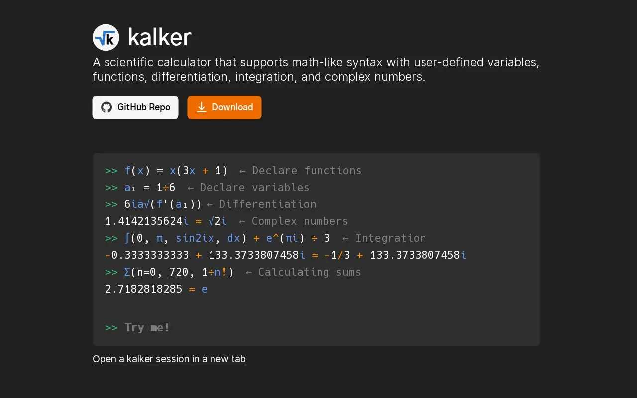 Kalker homepage screenshot