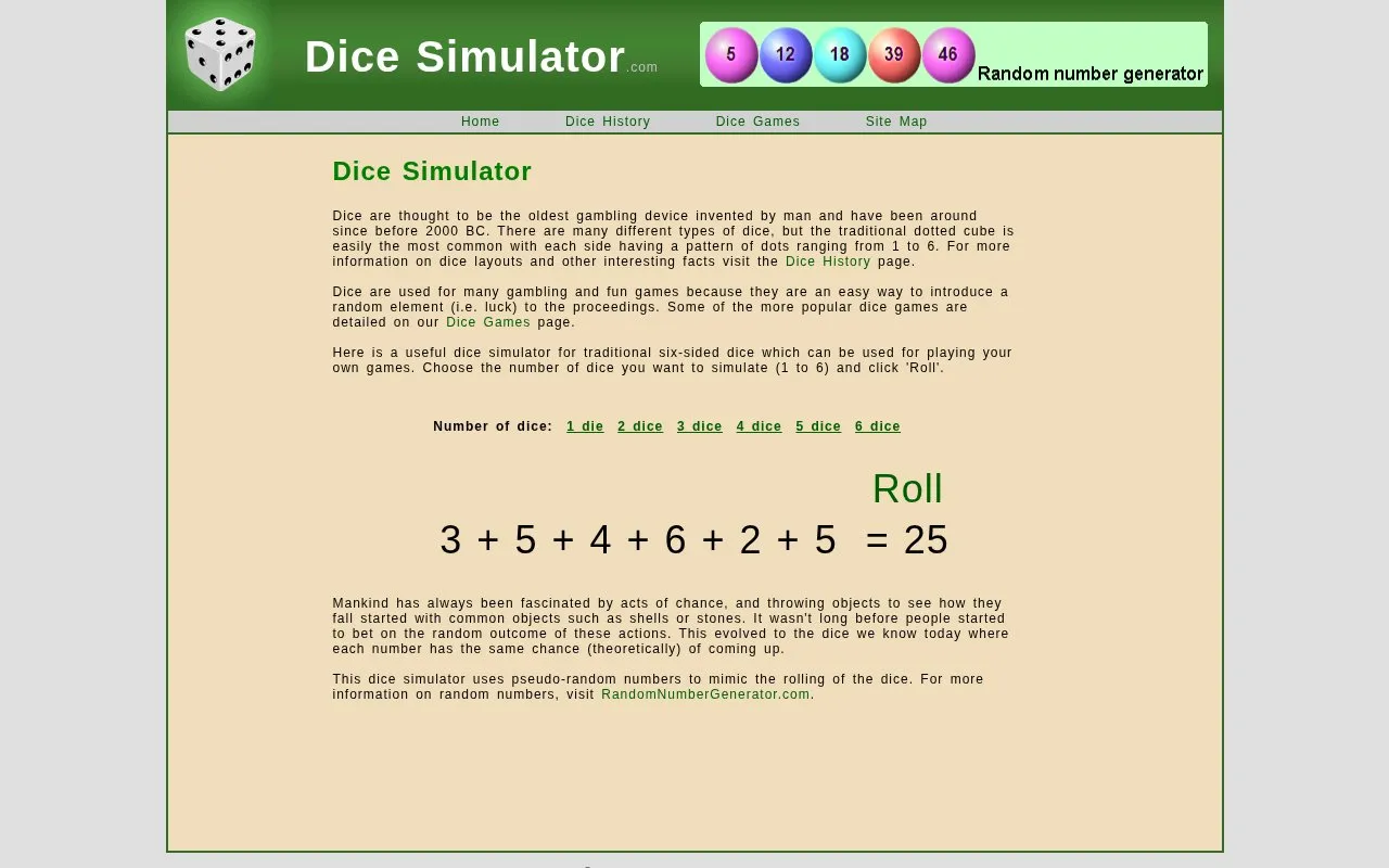 DiceSimulator.com homepage screenshot