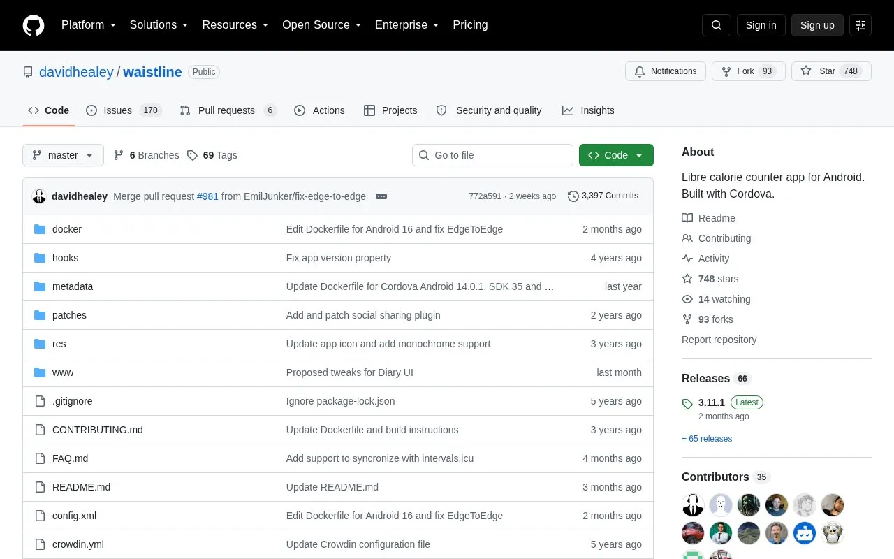 Waistline homepage screenshot