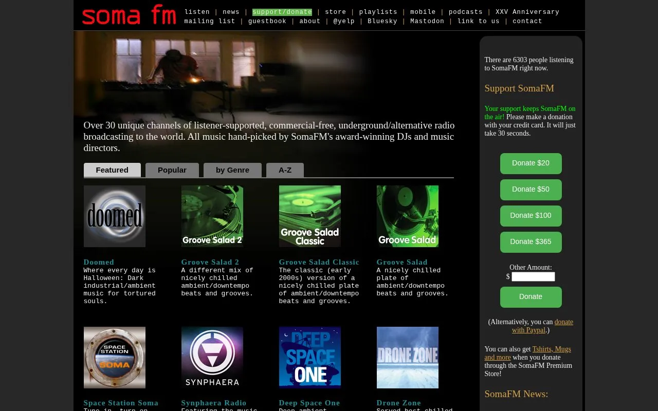SomaFM homepage screenshot