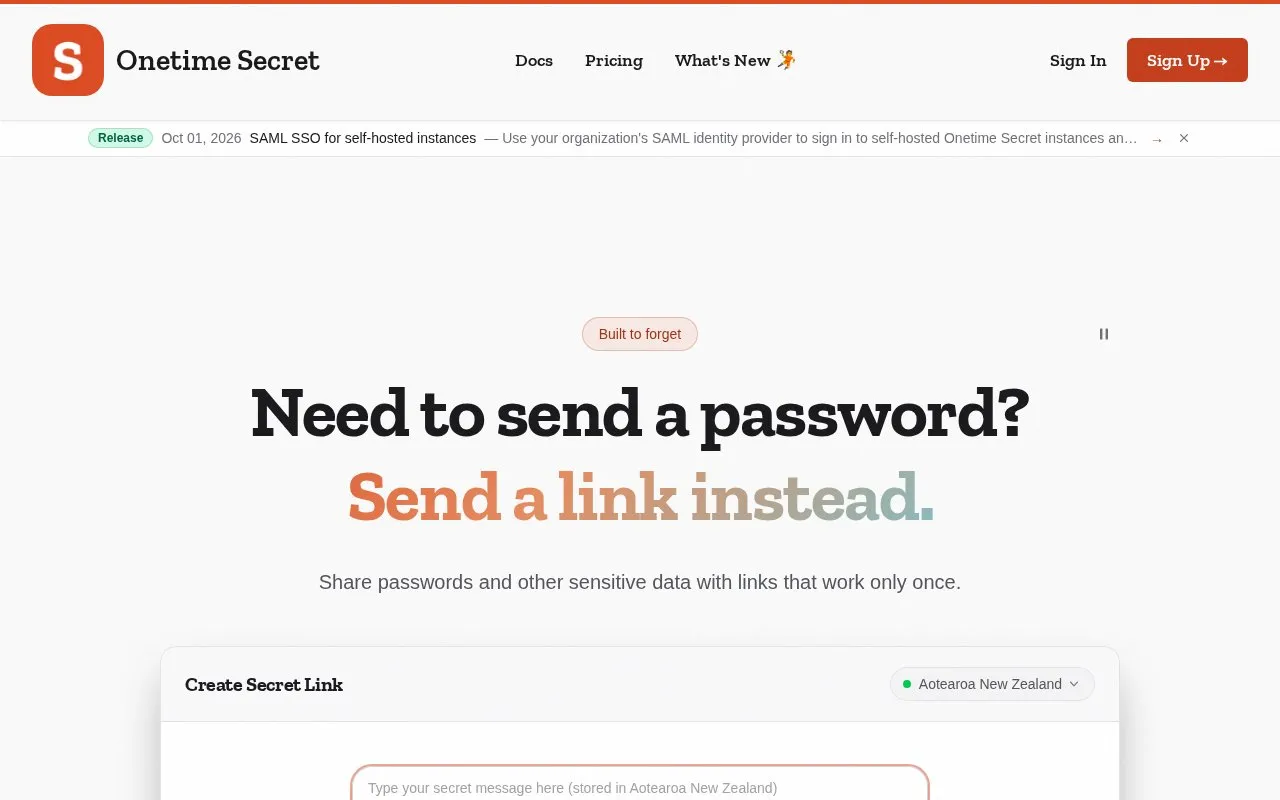 OneTimeSecret homepage screenshot