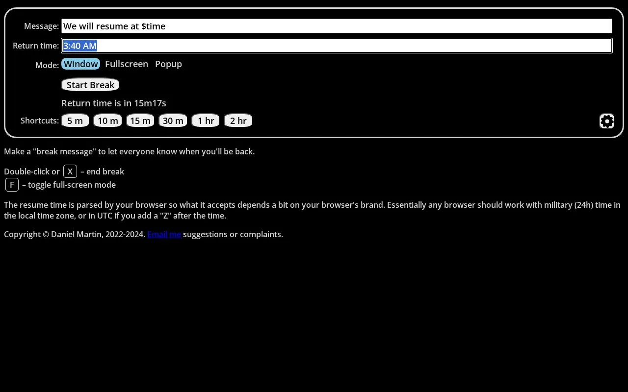 BreakMessage homepage screenshot