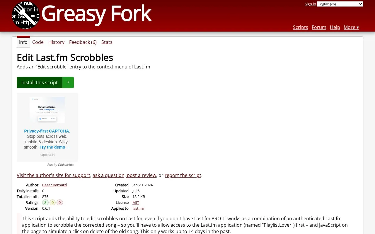 Edit Scrobbles homepage screenshot