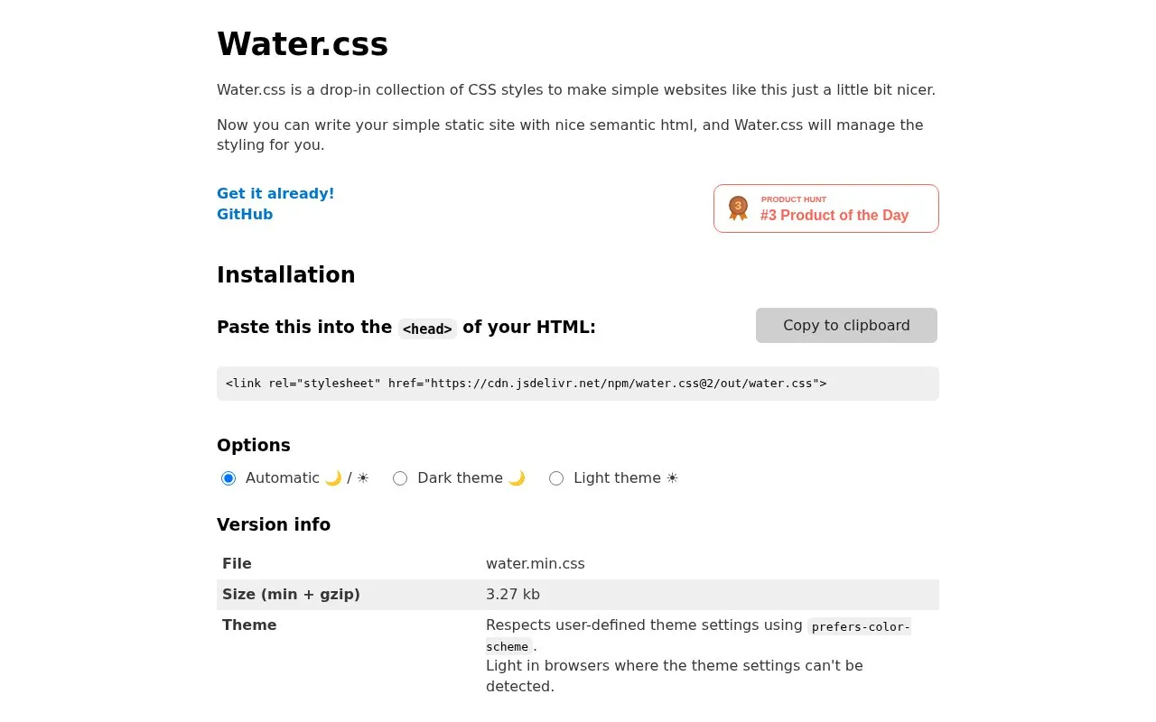 Water.css homepage screenshot