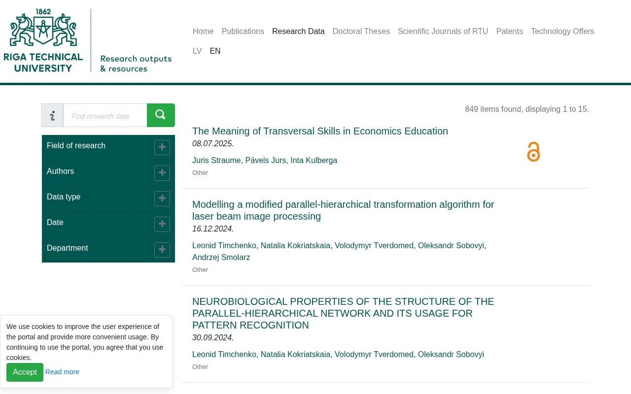 RTU research data repository homepage screenshot