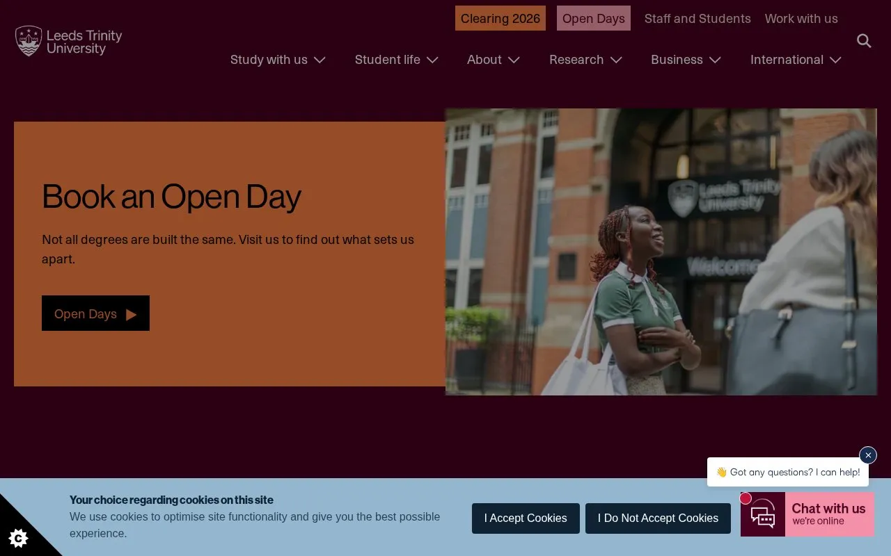 Leeds Trinity University homepage screenshot