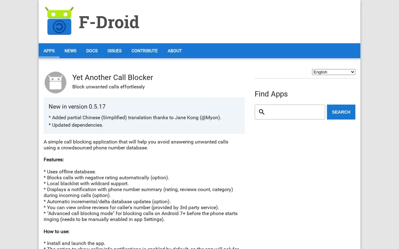 Yet Another Call Blocker homepage screenshot