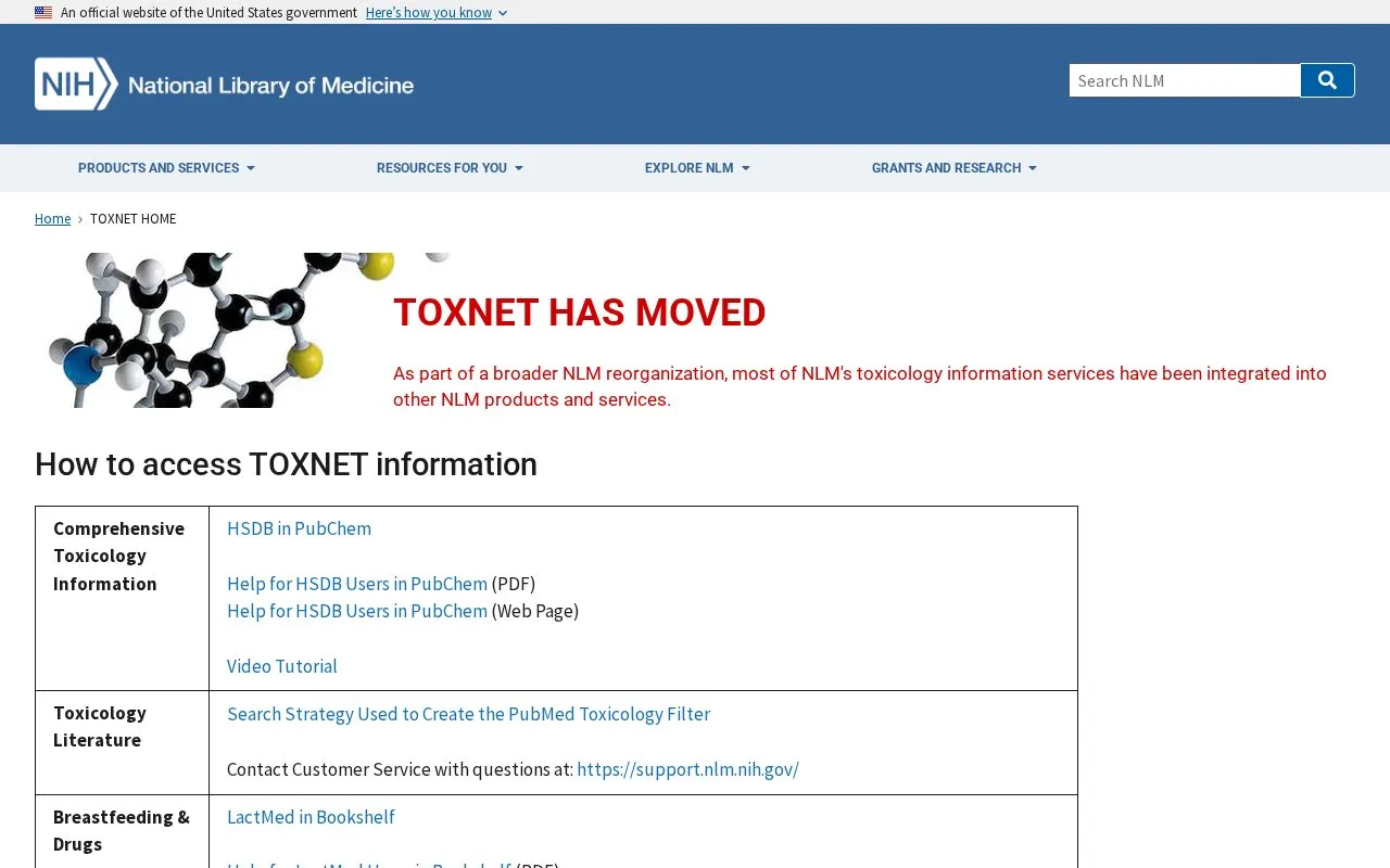 TOXNET homepage screenshot