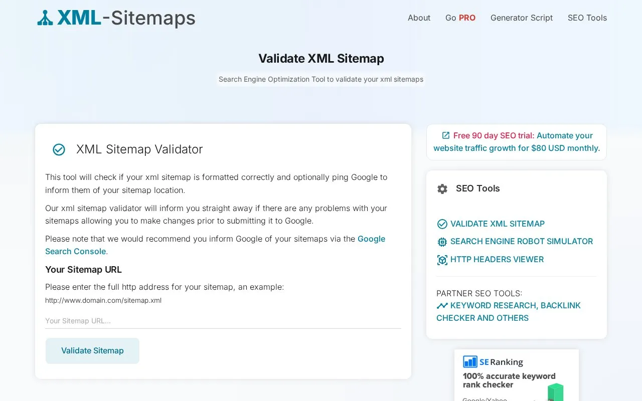 XML Sitemap Checker homepage screenshot