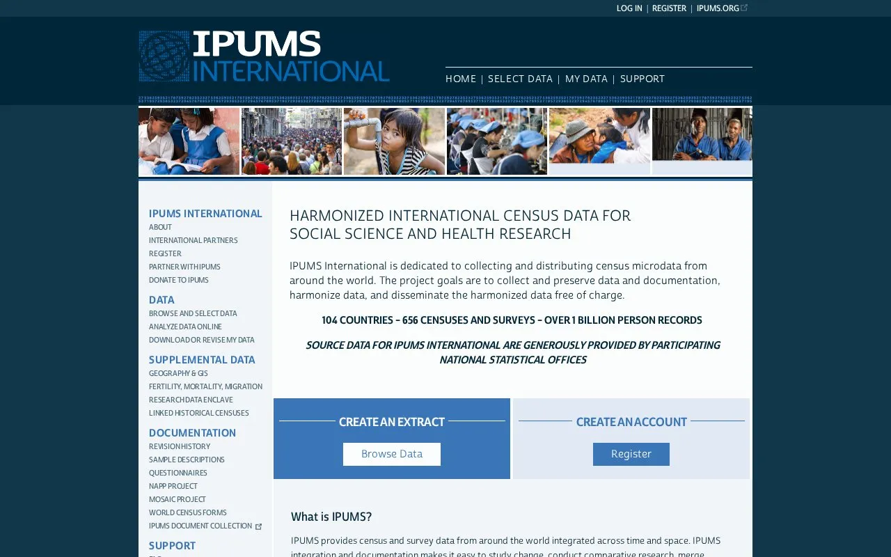 Integrated Public Use Microdata Series - International homepage screenshot