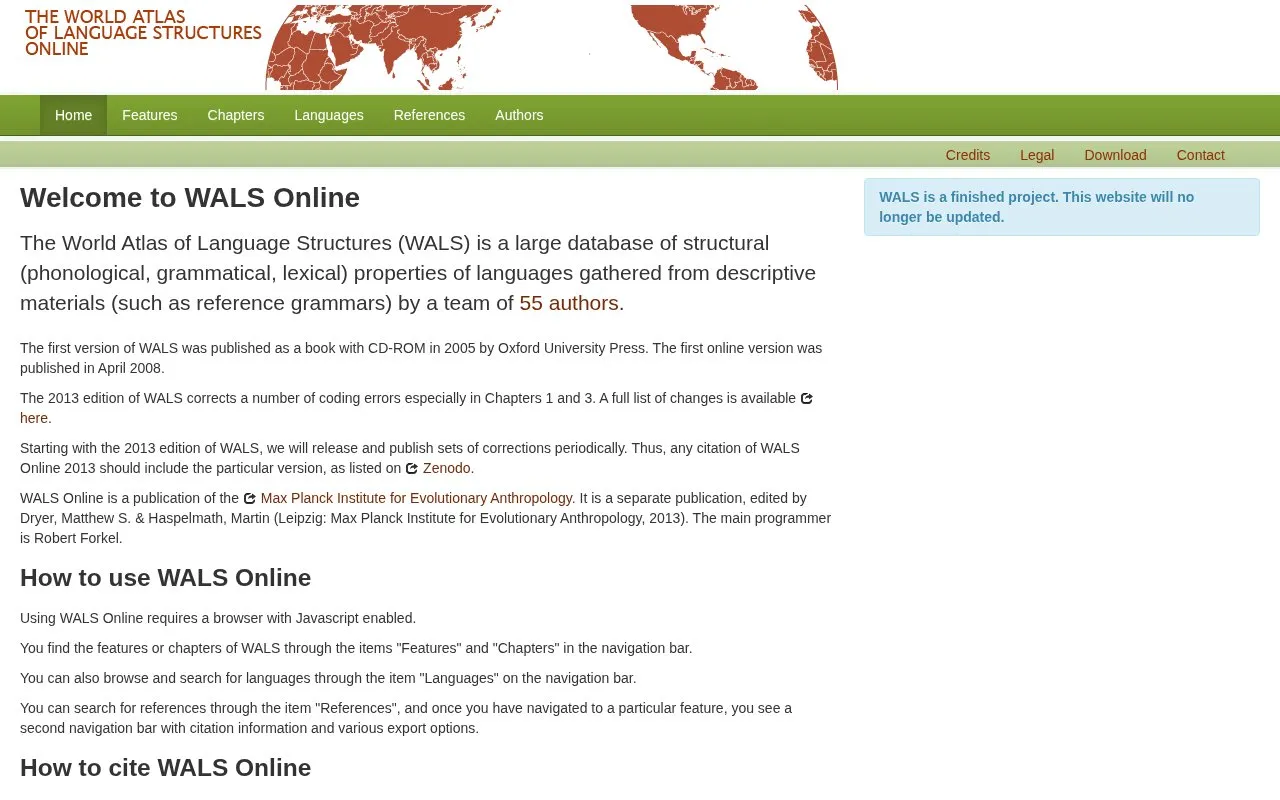 The World Atlas of Language Structures homepage screenshot