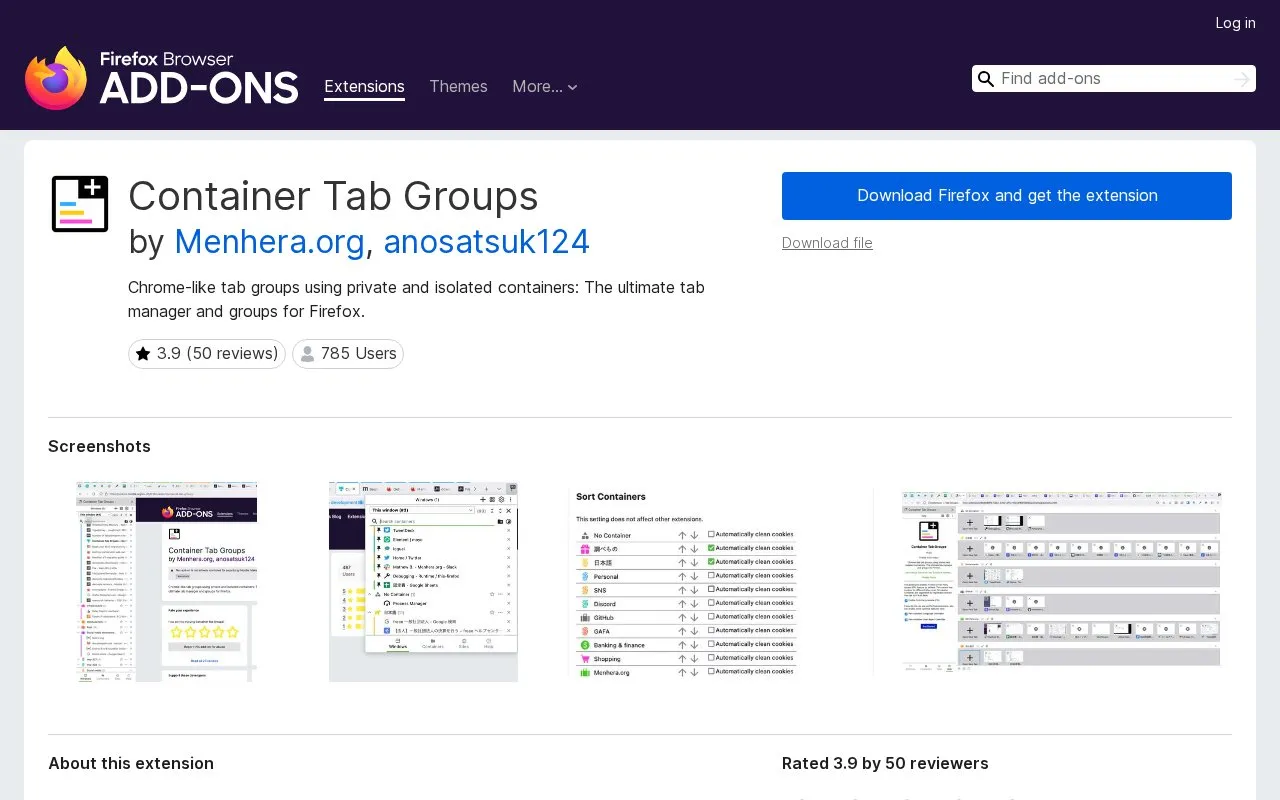 Container Tab Groups by Menhera.org , anosatsuk124 homepage screenshot